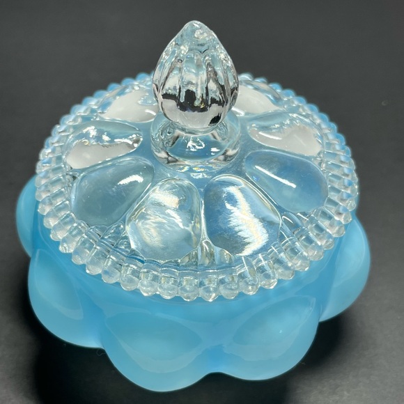 XL Fenton Melon Puff Box Powder Jar, Robin Egg Blue Frosted Overlay - Picture 9 of 10